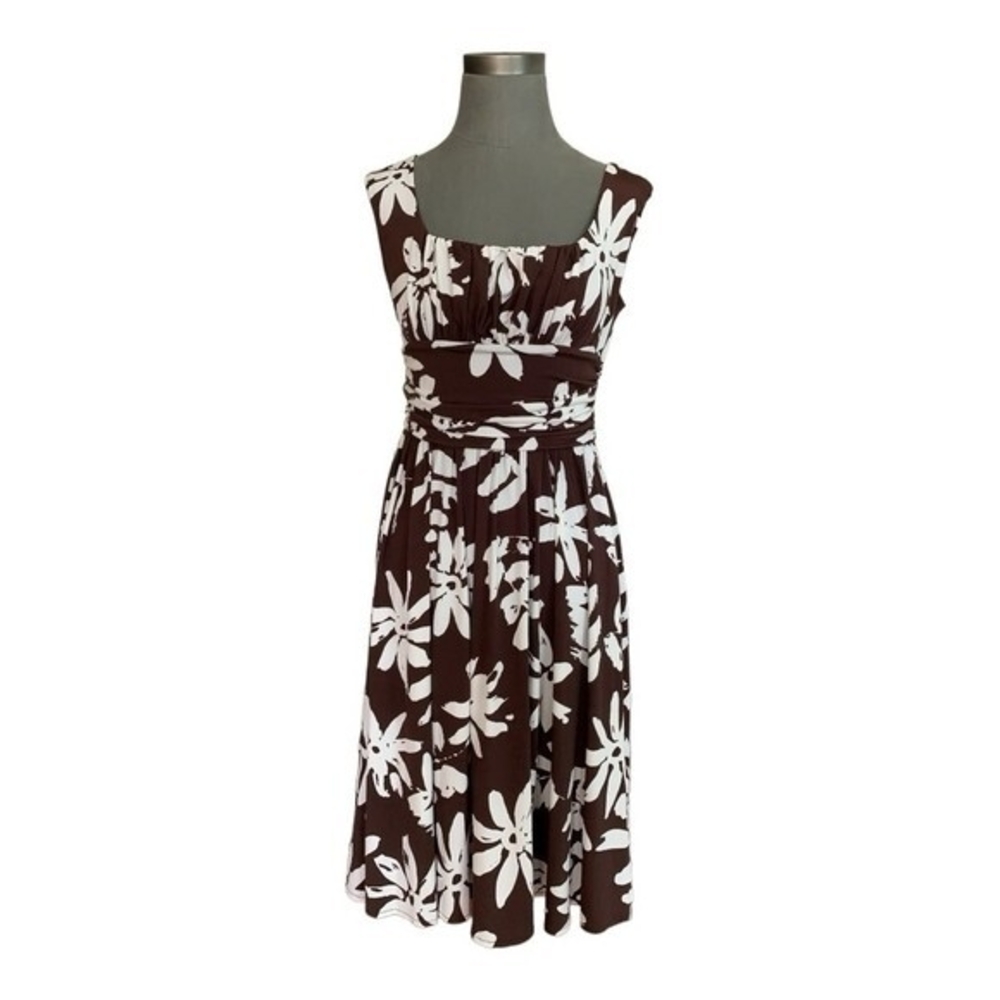 Maggy London Women's Brown White Floral Print Stretch Midi Dress 10 Elastic VG - Picture 3 of 8